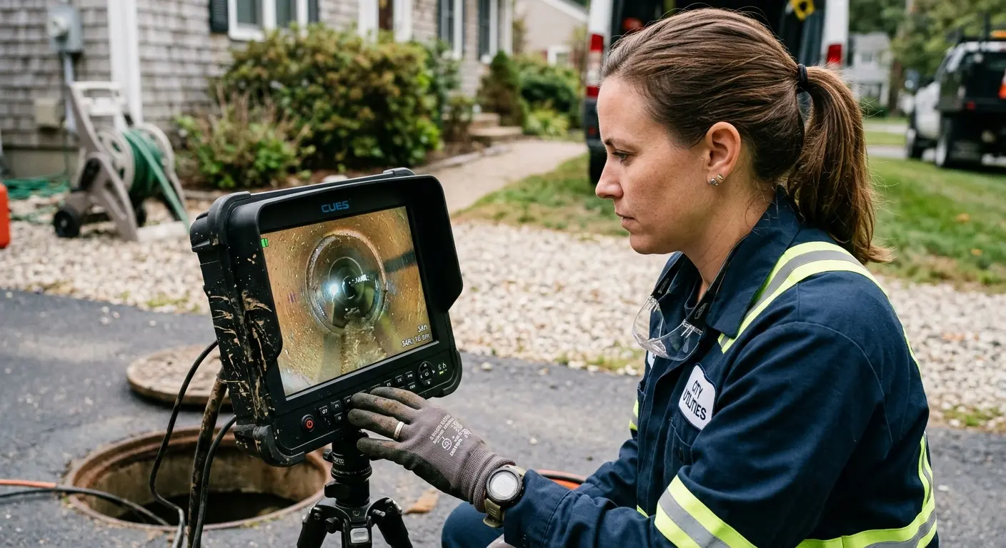 Technician reviewing sewer camera inspection footage in Groves