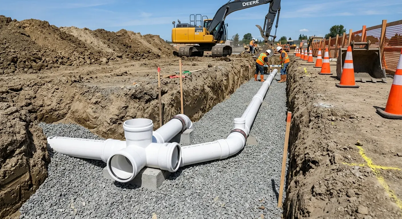 New PVC sewer pipe installation in open trench for Grease Trap Cleaning in Groves